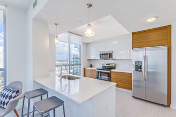 a kitchen with an island and two stools